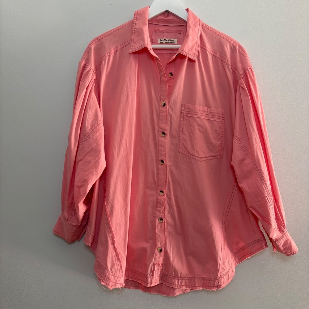 We the Free FP Happy Hour Oversized Button-Up Shirt Pink Poplin Women M
